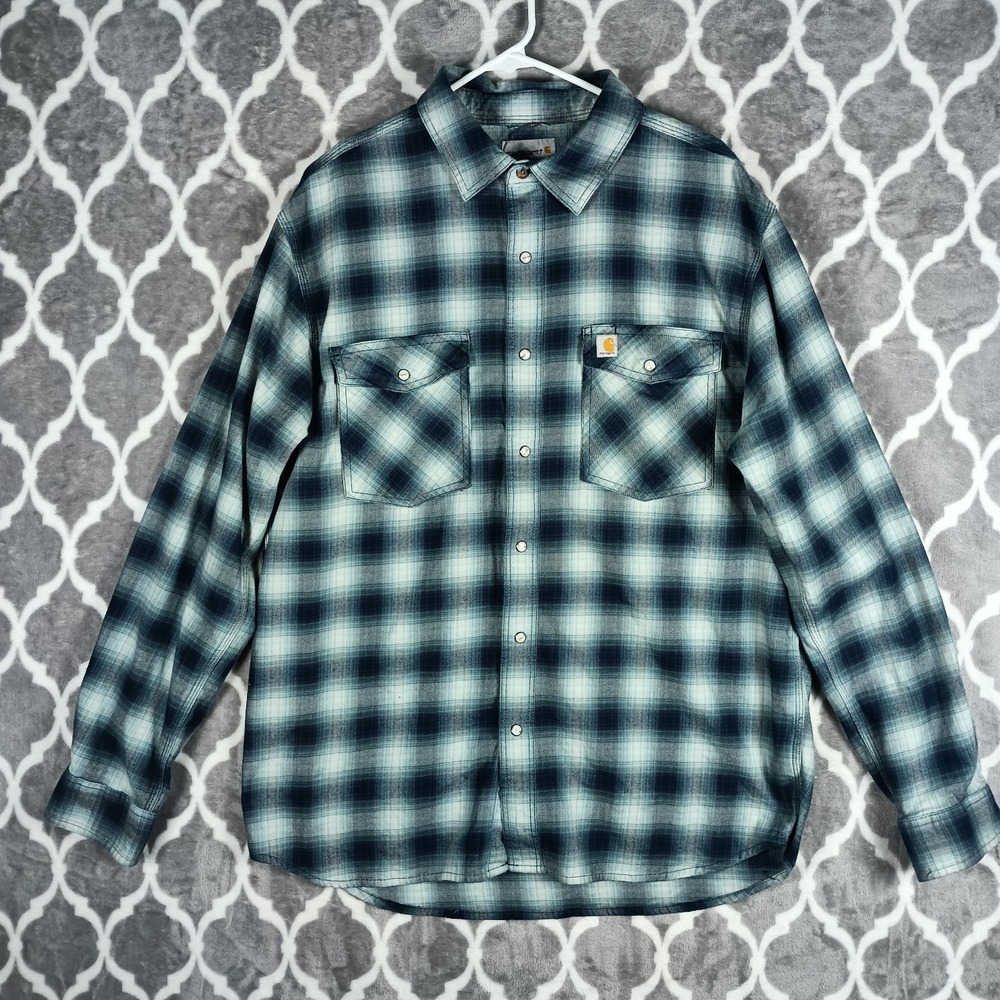 Carhartt Flannel Shirt Large Blue Gray Shadow Plaid Snap Rugged Flex Relaxed Fit